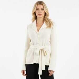 Cassin 100% Linen Ivory Woven Long Sleeve Belted Cardigan Sweater M
